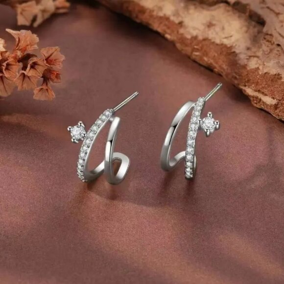 925 Sterling Silver Double Row Womens 2ct Diamond Claw Earrings Ladies Jewelry